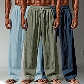 billige Klassisk-Herre Linbukser Bukser Sommerbukser Posete bukser Strandbukser Snorer Elastisk midje Rett ben عادي Komfort Pustende Full lengde Avslappet Daglig utendørs Ferie Mote Hvit + Svart + Grå Svart+blå+grønn