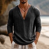 voordelige Katoenen Linnen T-shirts-Voor heren T-shirt Lange mouw V-hals Lente zomer Zomer Lente Effen Modieus Ontwerper Basic Zacht Casual Vakantie Straat Licht Blauw Top T-shirt voor mannen