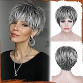 cheap Older Wigs-Pixie Cut Wig - Short Gray Wig with Bangs Layered Pixie Haircut Synthetic Hair Wigs for Women Soft Heat Resistant Natural Looking Grey Wigs for Daily Party Use Black Ombre Gray