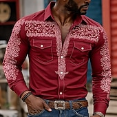 preiswerte Westernhemden für Herren-Herren Kuhmuster Ethnisch Komplizierte Blumen Hemd Westernhemd Cowboy-Shirt Langarm Vintage-Retro Lässig Outdoor Arbeitskleidung Frühling Herbst Umlegekragen Zwei Fronttaschen Leinenähnliches Hemd