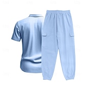 cheap Cotton Linen Shirt-Men's Linen Shirt 2 Piece Shirt Set And Cargo Pants Linen Pants Trousers Set Plain Casual Daily Outdoor Turndown Short Sleeves Summer Fashion Casual Comfortable Clothing Apparel