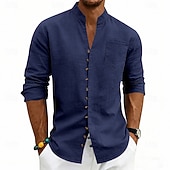 baratos Clássico-Homens Camisa Social Camisa de linho camisa de verão camisa de praia Tecido Casual Férias Preto Branco Rosa Azul Marinha Manga Longa Faixa Verão Primavera Roupa Bolsos