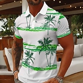 cheap Men's Hawaiian Polo-Men's Palm Tree Polo Shirts Short Sleeve Polo Shirts Collared Shirts Casual Athleisure Vacation Wear 3D Print Buttons Breathable Mesh Spring &amp; Summer Blue Brown Green