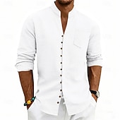 baratos Clássico-Homens Camisa Social Camisa de linho camisa de verão camisa de praia Tecido Casual Férias Preto Branco Rosa Azul Marinha Manga Longa Faixa Verão Primavera Roupa Bolsos