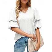 baratos Chiffon Tops-Mulheres Camisa Social Blusa Tops de chiffon Tecido à moda Básico Clássico Manga Curta Manga Princesa Decote V Tops regulares Casual Diário Feriado Azul Preto Branco Vinho Verde Escuro Verão Primavera