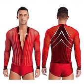 cheap Tops &amp; Sets-Men's Red Rhinestone Latin Dance Bodysuit Deep V Mesh Long Sleeve Ballroom Performance Costume