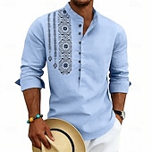 cheap Vacation-Men's Shirt Linen Shirt Popover Shirt Summer Shirt Beach Shirt Geometric Casual Vacation Black White Pink Navy Blue Long Sleeve Stand Collar Summer Spring Clothing Apparel Buttons