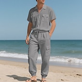 cheap Cotton Linen Shirt-Men's Linen Shirt 2 Piece Shirt Set And Cargo Pants Linen Pants Trousers Set Plain Casual Daily Outdoor Turndown Short Sleeves Summer Fashion Casual Comfortable Clothing Apparel