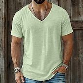 baratos Camisetas de Algodão e Linho-Homens T-shirt Camiseta de linho Manga Curta Decote V Verão Tecido Moda Designer Básico Macia Casual Férias Rua Azul Céu Preto Branco Top Tee para Homens