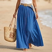 ieftine Fuste simple-Pentru femei Fustă de vacanță Fustă din bumbac artificial și in Modă Casual Lung vară Maxi Talie Înaltă Fuste Simplu Zdrobit Fluid Strech Zilnic Plajă Albastru piscină Măr Verde Maroniu Galben Lămâie