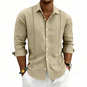 preiswerte Klassiker-Herren Hemd Leinenhemd Sommerhemd Strandhemd Einfach Lässig Urlaub Schwarz Weiß Marineblau Khaki Langarm Umlegekragen Sommer Frühling Bekleidung Patchwork