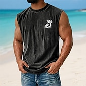 economico Tropische Urlaub-T-Shirts-Per uomo Palma di Cocco Maglietta smanicata T-shirt con lavaggio acido Canottiera Senza Maniche maglietta Stampa Grafica Girocollo Camicia Vacanza Tropicale Moda Quotidiano Vacanza Spiagge Nero