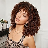 ieftine Peruci Sintetice Trendy-Perucă afro creță maro ombre cu breton, perucă afro sintetică scurtă de 14 inch, peruci afro negre crețe pentru femei, peruci pentru uz zilnic și la petreceri