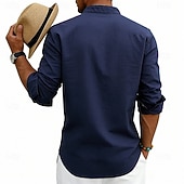 cheap Vacation-Men's Shirt Linen Shirt Popover Shirt Summer Shirt Beach Shirt Geometric Casual Vacation Black White Pink Navy Blue Long Sleeve Stand Collar Summer Spring Clothing Apparel Buttons