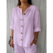  Mujer Camisas de algodón y lino Vacaciones Casual Blanco Amarillo Rosa Morado Azul claro Verano Primavera