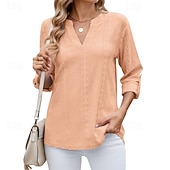 cheap Plain tee-Women's Texture Blouse Eyelet Top Pointelle Tee T Shirt Eyelet Striped Fashion Classic Casual Long Sleeve V Neck Regular Tops Casual Daily Beach Black White Navy Blue Sky Blue Orange Summer Spring