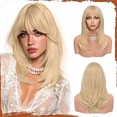 baratos Perucas Sintéticas sem Touca-Peruca longa, lisa e em camadas, rosa, com franja, 40 cm (16 polegadas), com raízes escuras, aparência natural, cabelo sintético macio e resistente ao calor, comprimento médio, ideal para uso diário e