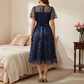cheap Dresses-1950s Retro Vintage Midi Dress Swing Dress Flare Dress Short Sleeves Embroidered Leaf Fit &amp; Flare Swing Round Neck Fancy Dress Women's Casual Evening Party Tea Party Adults' Dress Spring &amp; Summer