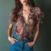 tanie Boho topy-Damskie Koszula Koszula Boho Bluzka Koszula z falbanką Falbana Kwiaty Elegancki Klasyczny Nowoczesny Krótki rękaw W serek Zwykłe topy Codzienny Święto Wyjściowe Rumiany róż Lato Wiosna