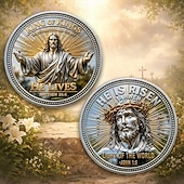  Памятная монета «Он воскрес» (христианская вера), изображение воскресения Иисуса Христа, цитата из Евангелия от Иоанна 1:9. &Матфея 28:6, религиозный коллекционный подарок для христиан.