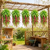 abordables Plantas y Vegetación Artificial-Juego de 3 helechos artificiales verdes con borlas rojas, plantas colgantes para armar tú mismo, ramos de helechos colgantes biónicos realistas, ideales para la decoración del hogar, el porche y el
