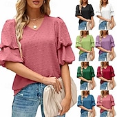 baratos Chiffon Tops-Mulheres Camisa Social Blusa Tops de chiffon Tecido à moda Básico Clássico Manga Curta Manga Princesa Decote V Tops regulares Casual Diário Feriado Azul Preto Branco Vinho Verde Escuro Verão Primavera