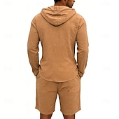 billige Linskjorte i bomull-Herre Linskjorte 2 deler Popover skjorte Og Shorts Lin Shorts Strandshorts Sett عادي Daglig utendørs Feriereise Med hette Langermet Sommer Mote Fritid Bekvem Klær