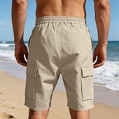 cheap Holiday-Men's Cotton Linen Shorts Shorts Summer Shorts Beach Shorts Drawstring Pocket Elastic Waist Plain Comfort Breathable Knee Length Outdoor Beach Vacation Vacation Fashion Black White Inelastic
