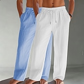 baratos Clássico-Homens Calças de linho Calças Calça verão Calças largas Calças de praia Com Cordão Bolsos Cintura elástica Tecido Conforto Respirável Comprimento total Diário Praia Férias Férias Havaiana Branco