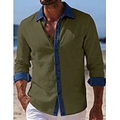 billiga Semester-Men's Shirt Linen Shirt Summer Shirt Beach Wear Beach Shirt Button Up Shirt Color Block Vacation Holiday Blue Black White Pink Long Sleeve Turndown Summer Spring Clothing Apparel Patchwork