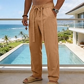 cheap Holiday-Men's Linen Pants Trousers Summer Pants Baggy Pants Drawstring Elastic Waist Straight Leg Plain Comfort Breathable Full Length Daily Outdoor Holiday Fashion Classic Style Blue White Micro-elastic