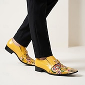 abordables Mocassins en cuir de qualité supérieure-Chaussures habillées pour homme, à boucle, à bout pointu et embout métallique, ornées d'un imprimé floral jaune. Idéales pour les mariages, les banquets, les fêtes, les bals de fin d'année, les événements de mode et les soirées élégantes.