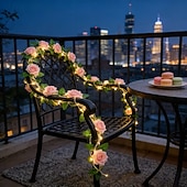 baratos Luzes solares de corda-Luzes solares em formato de trepadeira de rosas, 2m, 20 LEDs, 8 modos, ideais para decoração de pátio, varanda, jardim, à prova d'água, festas de aniversário, praia, piquenique, casamento e feriados.