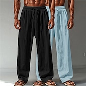 cheap Classic-Men's Linen Pants Trousers Summer Pants Baggy Pants Beach Pants Drawstring Elastic Waist Straight Leg Plain Comfort Breathable Full Length Casual Daily Outdoor Vacation Fashion Green+Gray White+Navy
