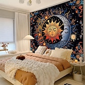 voordelige Wandtapijten-Boho mandala wandtapijt met halve maan, sterrenhemel en bloemen, wanddecoratie in verbrand oranje, hippie-psychedelische stijl, grote stoffen poster voor slaapkamer, studentenkamer, woonkamer, yoga en