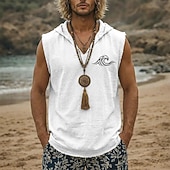 preiswerte Camisetas tropicales de vacaciones-Herren-Weste mit Kapuze, ärmellos, mit Meereswellen-Print, Boho-Stil, lockerer Passform, V-Ausschnitt, ausgefranstem Saum, aus Baumwoll-Leinen-Mischgewebe, ideal für Strandurlaub und Surfen. Größen: