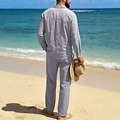 abordables Chemises lin et coton-Homme Chemise en lin Deux pièces Ensemble Chemise Et Pantalons en Lin Pantalons Pantalon décontracté Set Uni Quotidien Extérieur Plage Col Rabattu manche longue Été Printemps Mode Occasionnel
