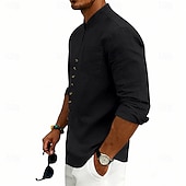 baratos Clássico-Homens Camisa Social Camisa de linho camisa de verão camisa de praia Tecido Casual Férias Preto Branco Rosa Azul Marinha Manga Longa Faixa Verão Primavera Roupa Bolsos