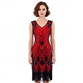 cheap Outfits-Vintage Roaring 20s 1920s Knee Length Dress Flapper Dress Gloves Sleeveless The Great Gatsby Charleston Sequins Tassel Fringe Fancy Dress Women's Halloween Carnival Cocktail Party Adults' 1 Fan Dress