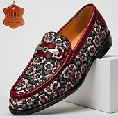 billiga Premium läder Loafers-Herrloafers i vinröda blommiga jacquardmönster med slip-on-detaljer, eleganta statement-skor för bröllopsgäster, banketter, fester, mottagningar och kvällsevenemang