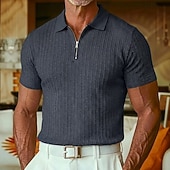 billiga Herrars klassiska polo-Herr Strukturerad Quarter Zip Polo Ledigt Utomhus Fjärdedels blixtlås Kortärmad Mode Modern Ensfärgat Jacquard Stickat Sommar Vår Vår &amp; Höst Smal passform Svart Vit Vinröd Marinblå Khaki grön Armégrön