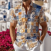 baratos Retro vintage trykk-Men's Grid / Plaid Patterns Mediterranean Tile Print Intricate Floral Shirt Button Up Shirt Short Sleeve Vintage Retro Streetwear Vacation Summer Spring Turndown 3D Print Collared Shirts Blue Pink
