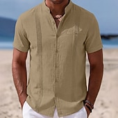 billiga Semester-Herr Skjorta Linneskjorta Sommarskjorta Strandskjorta Hawaii skjorta Ensfärgat Ledigt Dagligen Blå Mörkgul Svart Marinblå Kortärmad Krage Vår &amp; sommar Sommar Kläder Rynkad