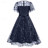 cheap Dresses-1950s Retro Vintage Midi Dress Swing Dress Flare Dress Short Sleeves Embroidered Leaf Fit &amp; Flare Swing Round Neck Fancy Dress Women's Casual Evening Party Tea Party Adults' Dress Spring &amp; Summer