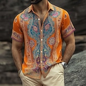 preiswerte Retro Vintage Druck-Herren Paisley-Muster Blumendruck Ethnisch Hemd Knopfhemd Kurzarm Vintage-Retro Streetwear Urlaub Sommer Frühling Umlegekragen 3D-Druck Hemden mit Kragen Blau Rosa Orange Grün