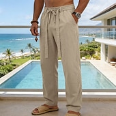 cheap Holiday-Men's Linen Pants Trousers Summer Pants Baggy Pants Drawstring Elastic Waist Straight Leg Plain Comfort Breathable Full Length Daily Outdoor Holiday Fashion Classic Style Blue White Micro-elastic