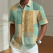 preiswerte Geometrische Muster-Herren Geometrisch Farbblock Patchwork Hemd Sommerhemd Knopfhemd Kurzarm Modisch lässig Täglich Outdoor Ferien Sommer Frühling Umlegekragen 3D-Druck Eine Tasche vorne Leinenähnliches Hemd Blau Rosa