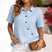 abordables Chemises-Femmes Chemise Chemises effet lin Chemise Boutonnée Chemise en coton Patchwork Boutons Couleur Unie Uni Élégant Vacances Basique Manche Courte Col Rabattu Hauts Réguliers Quotidien Fête Tenue de plage