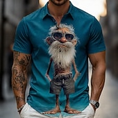 billiga Vintage skjorta-Herr Seriefigurer Rolig Gammal man Skjorta Sommarskjorta Knapp upp skjorta Kortärmad Vintage retro Dagligen Utomhus Semester Sommar Vår Nedvikt 3D-utskrift krage skjortor Blå Kaki Grå