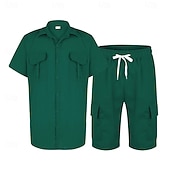 お買い得  メンズベーシックシャツセット-男性用 スタイル ２個 シャツセット そして ショーツ ビーチショーツ 設定 平織り カジュアル 日常 アウトドア 折襟 半袖 夏 ファッション カジュアル 快適 衣類